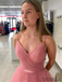Shiny A-line Spaghetti Straps V-neck Long Tulle Prom Dresses With Pleats, PD1038