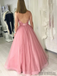 Shiny A-line Spaghetti Straps V-neck Long Tulle Prom Dresses With Pleats, PD1038