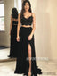 Two-pieces Spaghetti Straps Lace Top Black Prom Dresses With Split, PD1039
