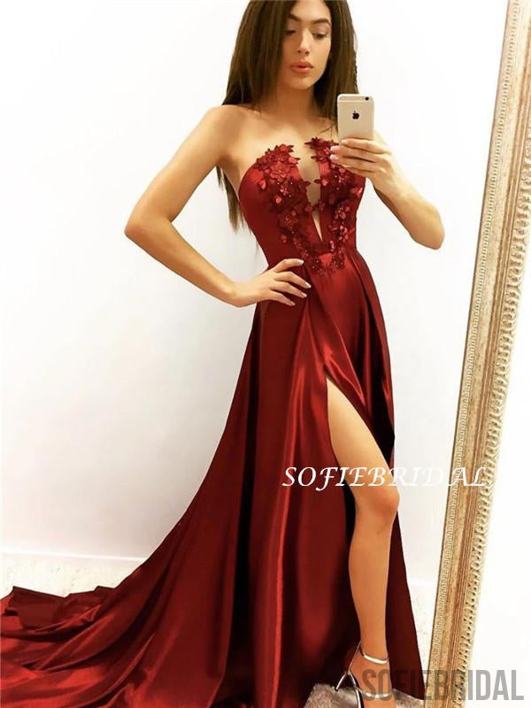 A-line Strapless Deep V-neck Appliques Long Satin Prom Dresses, PD1045