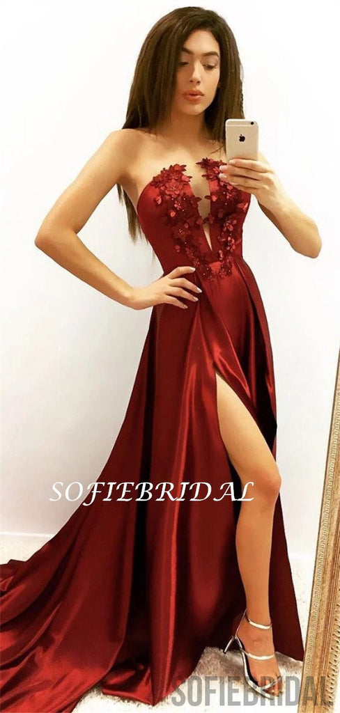 A-line Strapless Deep V-neck Appliques Long Satin Prom Dresses, PD1045