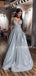 Shiny A-line Spaghetti Straps V-neck Silver Satin Prom Dresses, PD1046