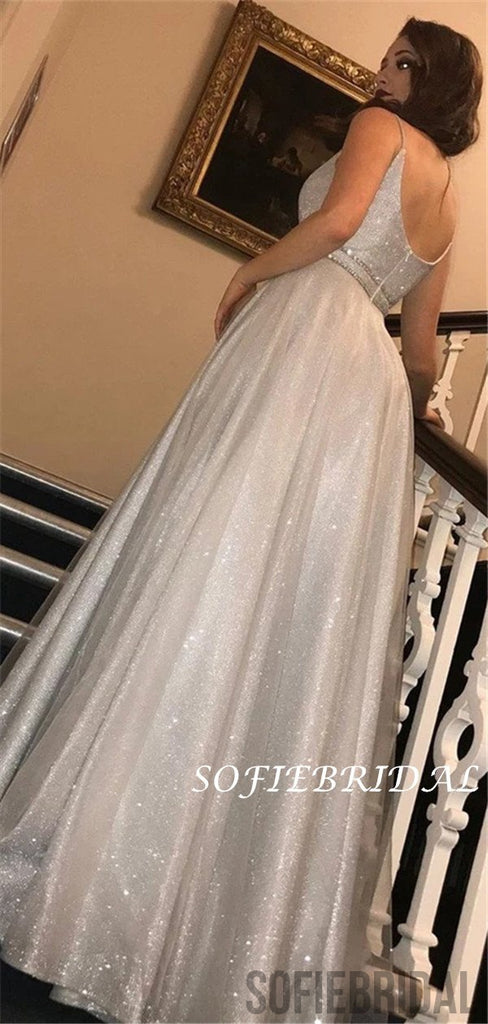 Sparkly A-line Spaghetti Straps V-neck Long Tulle Prom Dresses, PD1052