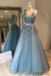 A-line V-neck Sleeveless Appliques Open-back Long Tulle Prom Dresses, PD1054