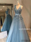 A-line V-neck Sleeveless Appliques Open-back Long Tulle Prom Dresses, PD1054