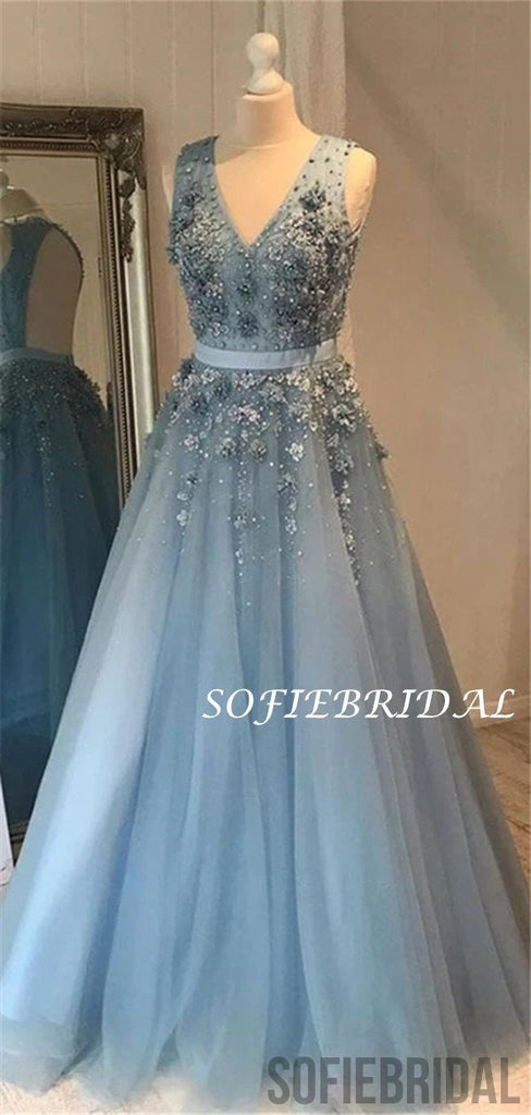A-line V-neck Sleeveless Appliques Open-back Long Tulle Prom Dresses, PD1054