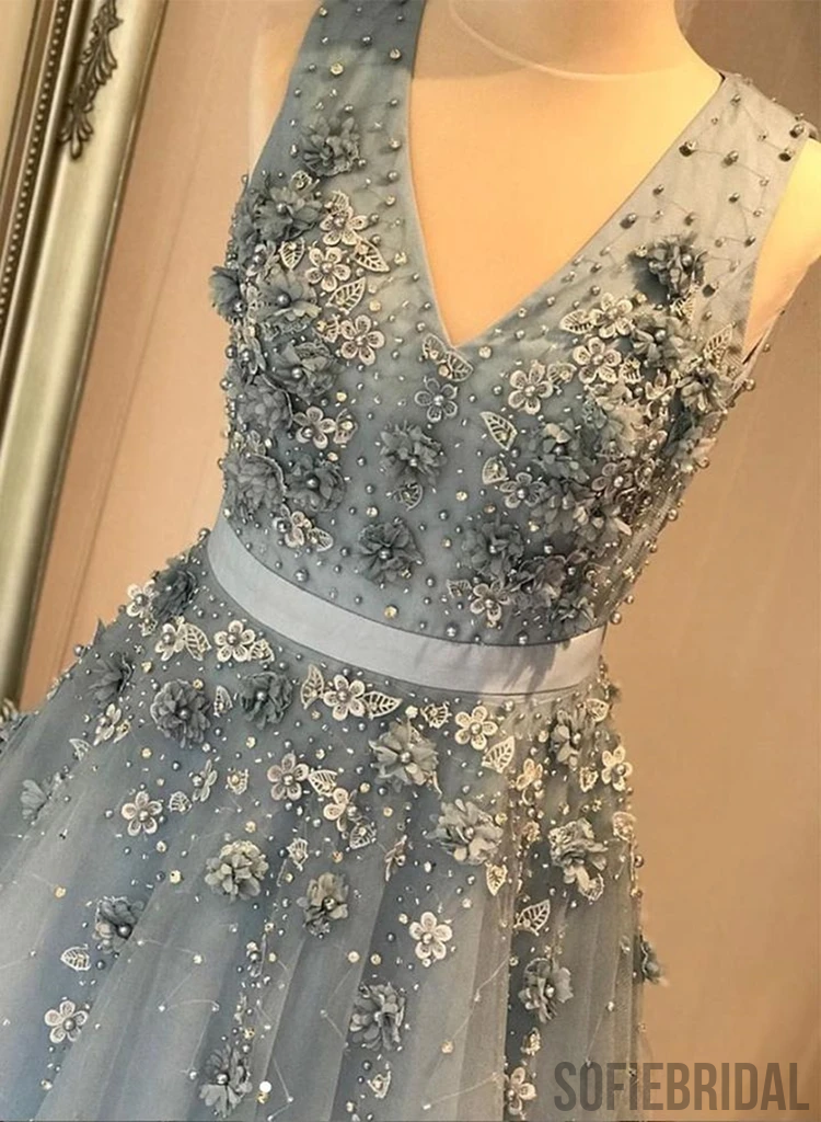 A-line V-neck Sleeveless Appliques Open-back Long Tulle Prom Dresses, PD1054