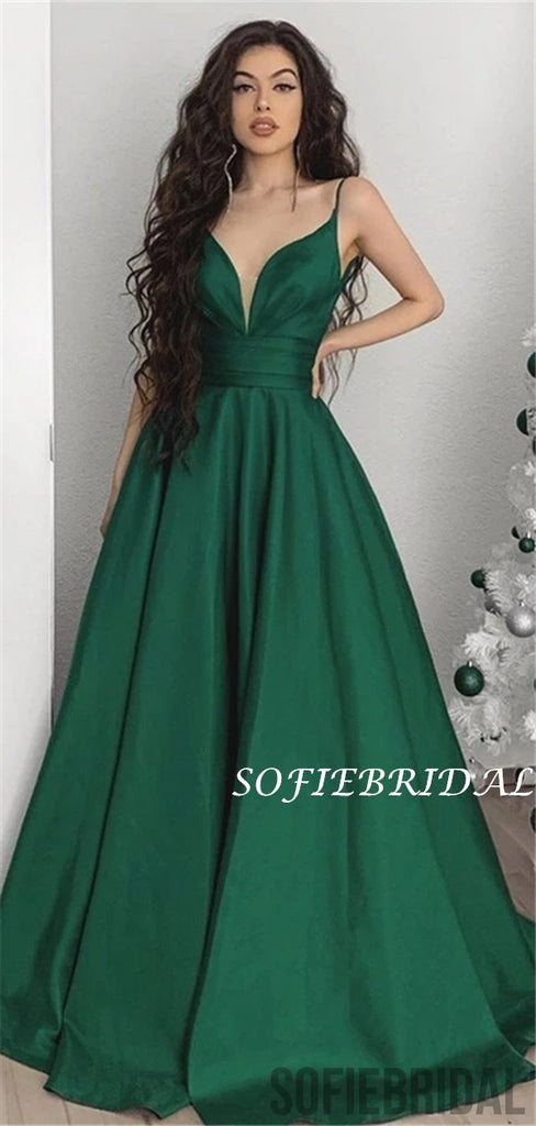 A-line V-neck Spaghetti Straps Long Green Prom Dresses, PD1056
