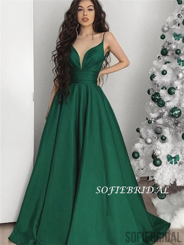 A-line V-neck Spaghetti Straps Long Green Prom Dresses, PD1056