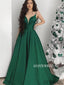 A-line V-neck Spaghetti Straps Long Green Prom Dresses, PD1056