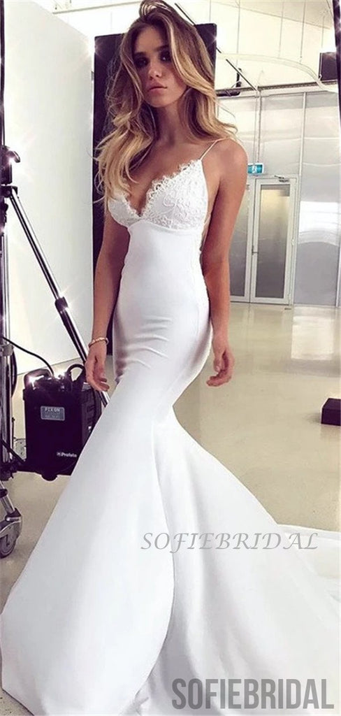 Popular Mermaid V-neck Lace Backless Light Ivory Long Prom Dresses, PD1058