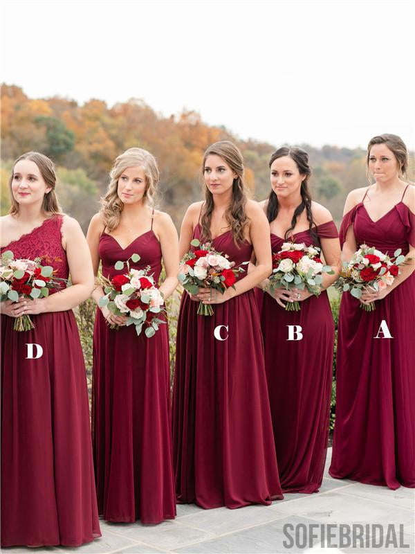 Newest V-neck Straps Off-shoulder Long Lace Chiffon Bridesmaid Dresses, BD1081
