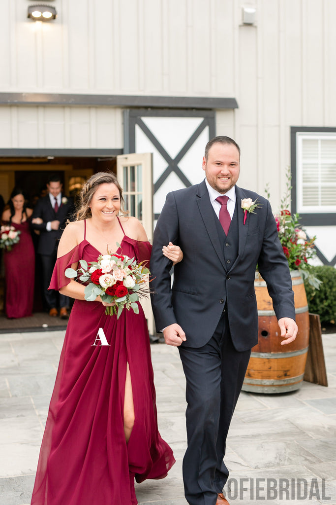 Newest V-neck Straps Off-shoulder Long Lace Chiffon Bridesmaid Dresses, BD1081