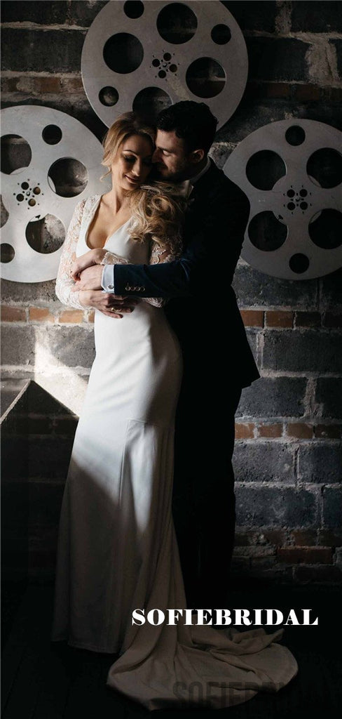 Mermaid V-neck Long-sleeves Aplliques Open-back Wedding Dresses With Train, WD0482