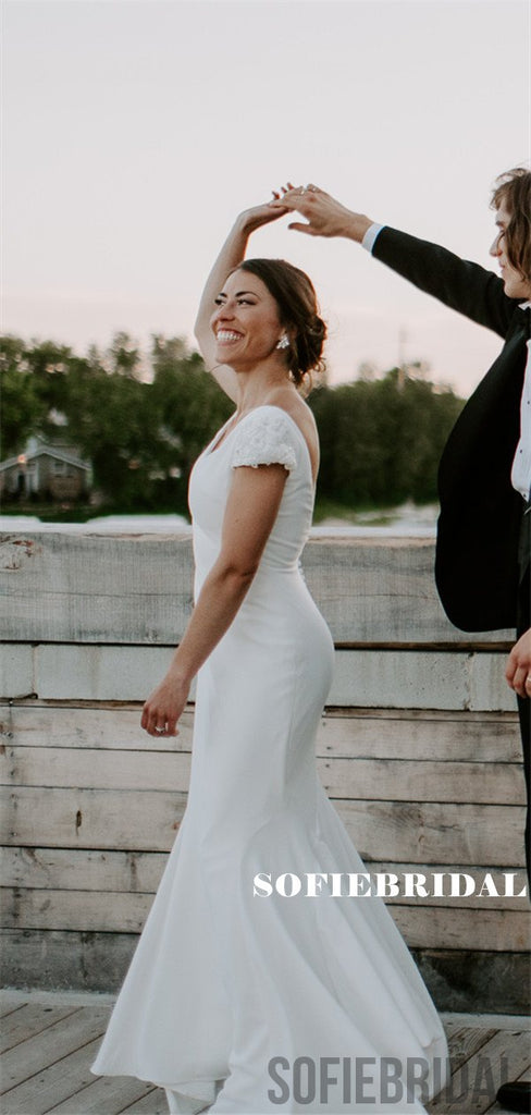 Mermaid V-neck Short Sleeves Backless Wedding Dresses With Train, WD0485