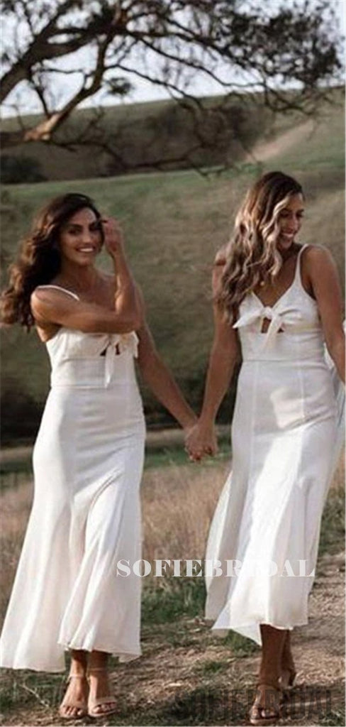 Mermaid V-neck Sleeveless Ankle-Length Bridesmaid Dresses With Bow, BD1090