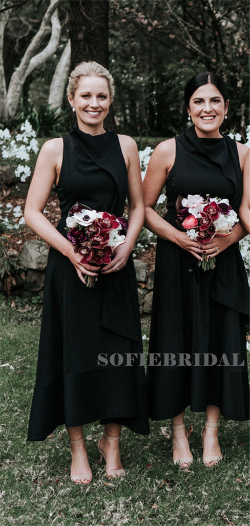 Sheath High-neck Sleeveless Long Black Bridesmaid Dresses With Belt, BD1114