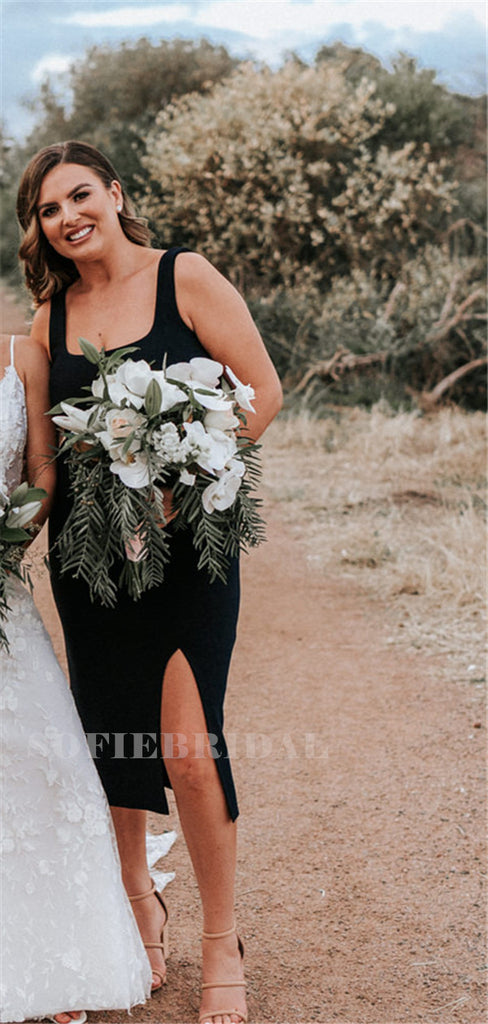 Sheath Scoop Neck Sleeveless Short Bridesmaid Dresses With Slit, BD1120