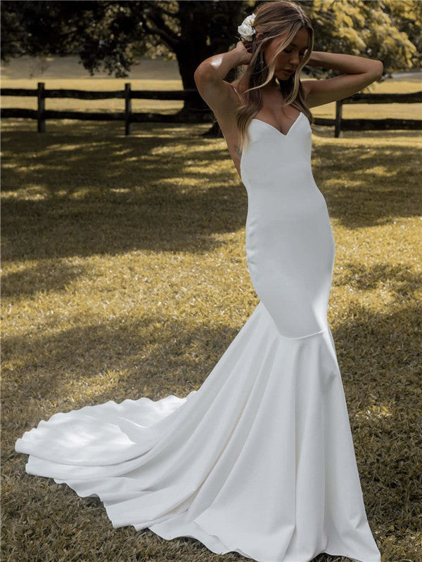 Mermaid Spagehtti Straps V-neck Backless Sexy Wedding Dresses, WD0491