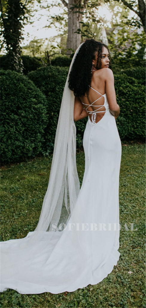 Sheath Spaghetti Straps Lace-up Back Wedding Dresses With Train, WD0492