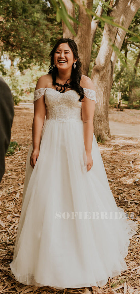 A-line Off-shoulder Lace Top Long Tulle Wedding Dresses, WD0495