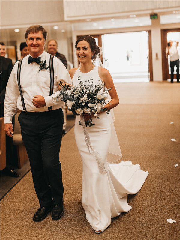 Mermaid Round-neck Sleeveless Open-back Long Wedding Dresses, WD0496