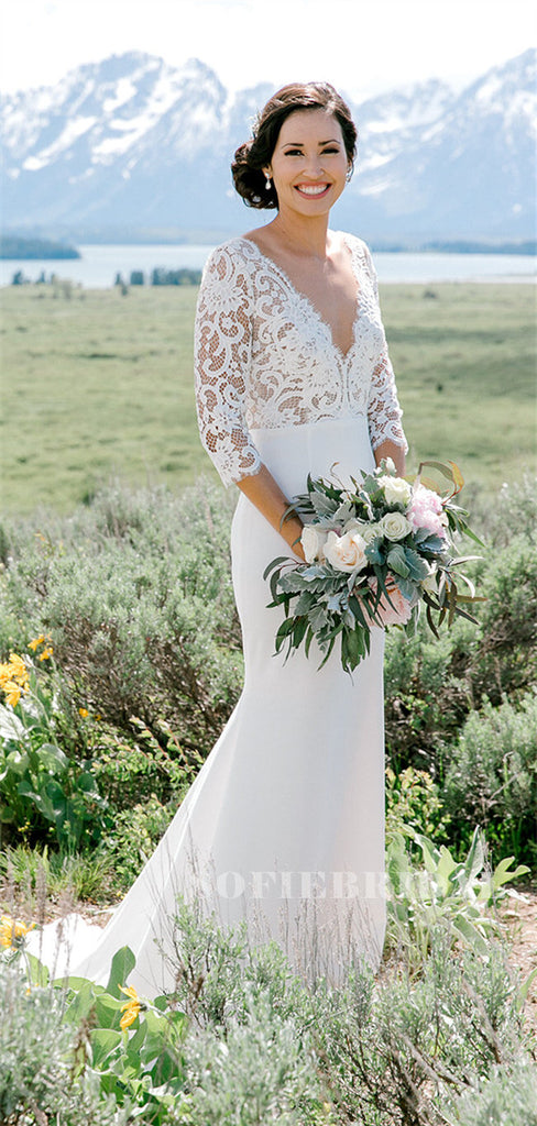 Sheath V-neck 3/4 Sleeveless Lace Top Wedding Dresses With Train, WD0497