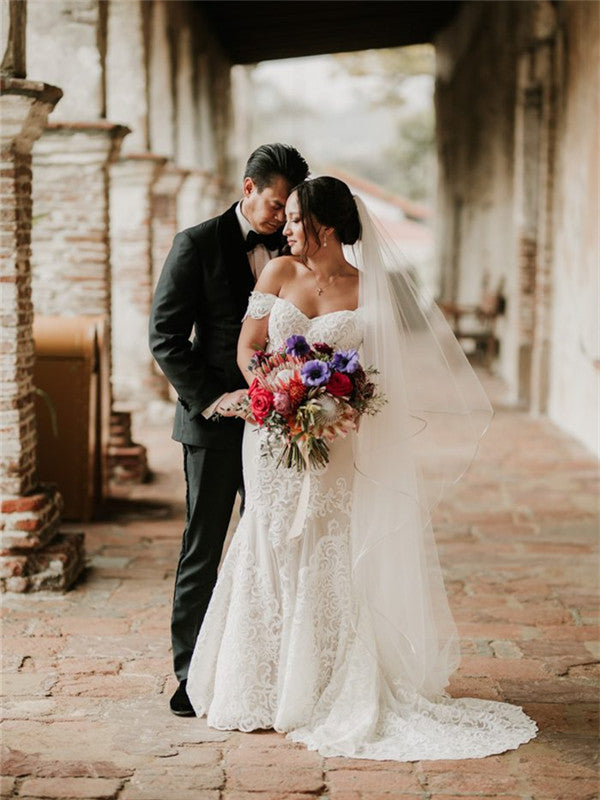 Mermaid Off-shoulder Backless Lace Appliques Wedding Dresses, WD0503