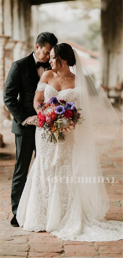 Mermaid Off-shoulder Backless Lace Appliques Wedding Dresses, WD0503