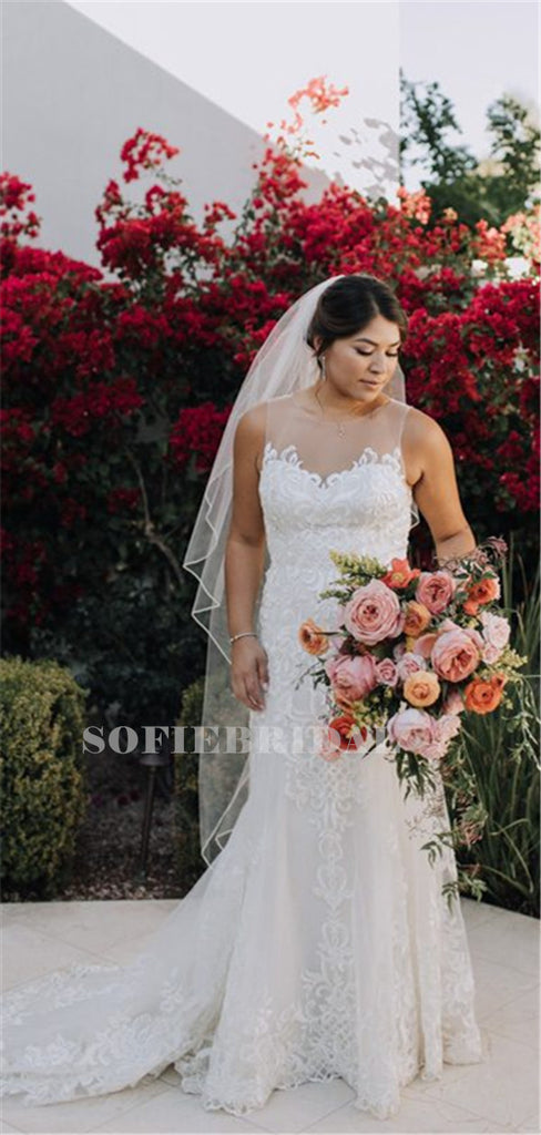 A-line Illusion Sleeveless Lace Appliques Wedding Dresses, WD0505