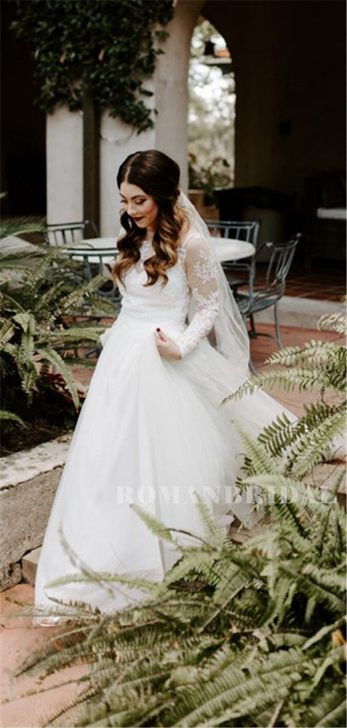 A-line Round Neck Illusion Long Seeves Lace Wedding Dresses, WD0509