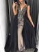 Plunging V-neck Rhinestone Beaded Prom Dresses With Tulle Skirt, PD0796