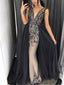 Plunging V-neck Rhinestone Beaded Prom Dresses With Tulle Skirt, PD0796