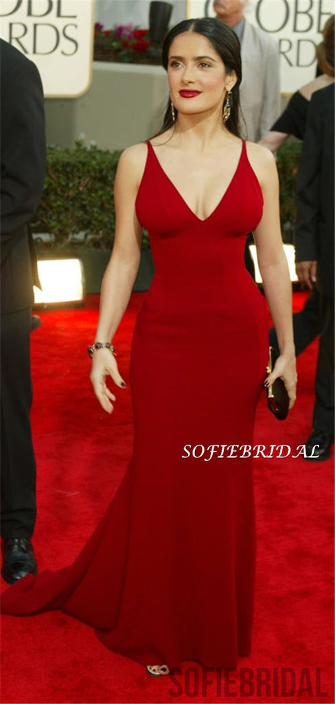 Sheath V-neck Red Elegant Long Prom Dresses With Train, PD1004