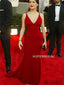 Sheath V-neck Red Elegant Long Prom Dresses With Train, PD1004