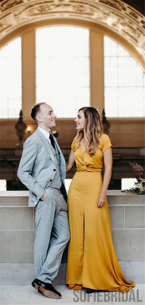 Newest Sheath V-neck Short Sleeves Long Bridesmaid Dresses With Split, BD1058