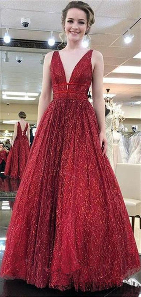 A-line Floor-length Sleeveless Deep V-neck Red Prom Dresses, PD0054