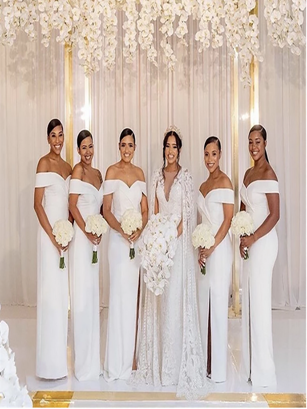White Satin Off Shoulder Side Slit Bridesmaid Dresses With Lace Up Back,SFWG00405