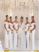 White Satin Off Shoulder Side Slit Bridesmaid Dresses With Lace Up Back,SFWG00405