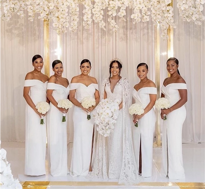 White Satin Off Shoulder Side Slit Bridesmaid Dresses With Lace Up Back,SFWG00405