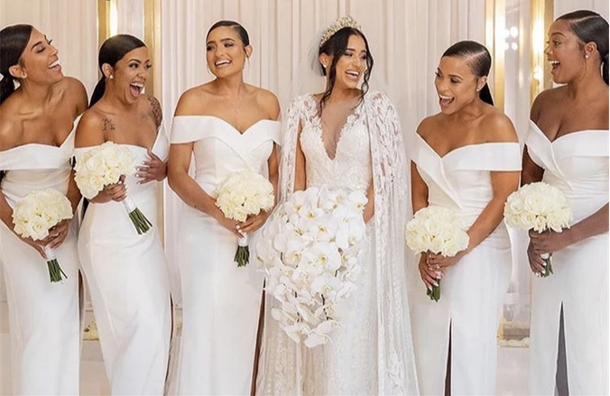 White Satin Off Shoulder Side Slit Bridesmaid Dresses With Lace Up Back,SFWG00405