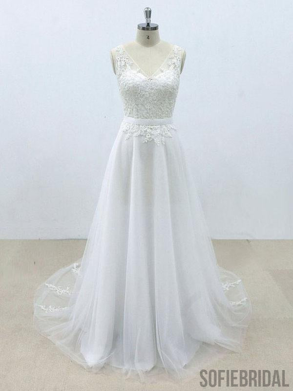 Simple V Neck Tulle Skirt Lace A-line Wedding Dresses Online, WD394