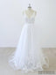 Simple V Neck Lace Chapel Tail A-line White Wedding Dresses Online, WD372