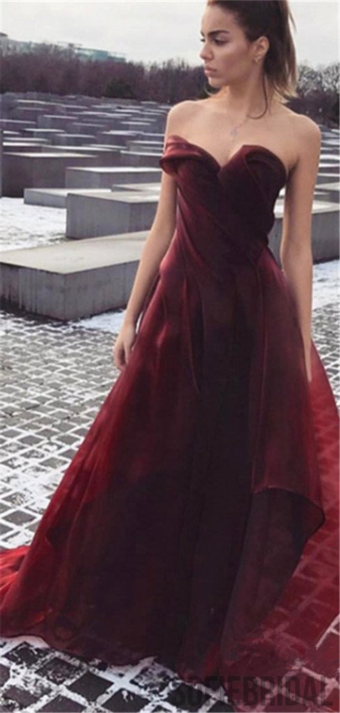 Burgundy Organza Sweetheart Strapless Cheap Prom Dresses, PD0055