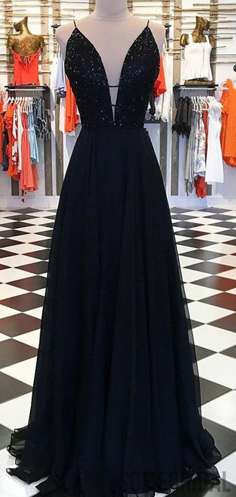 Spaghetti Long A-line Chiffon Beaded Black Prom Dresses, PD0887