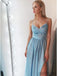 Spaghetti Light Blue Prom Dresses, Side Slit Prom Dresses, Chiffon Lace Prom Dresses, PD0716