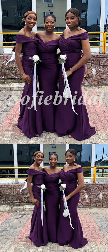 Sexy Off Shoulder V-Neck Soft Satin Sleeveless Mermaid Floor Length Bridesmaid Dress,SFWG00498