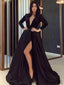 Long Sleeves V-neck Black Long A-line Prom Dresses, Side Slit Satin Prom Dresses , PD0761