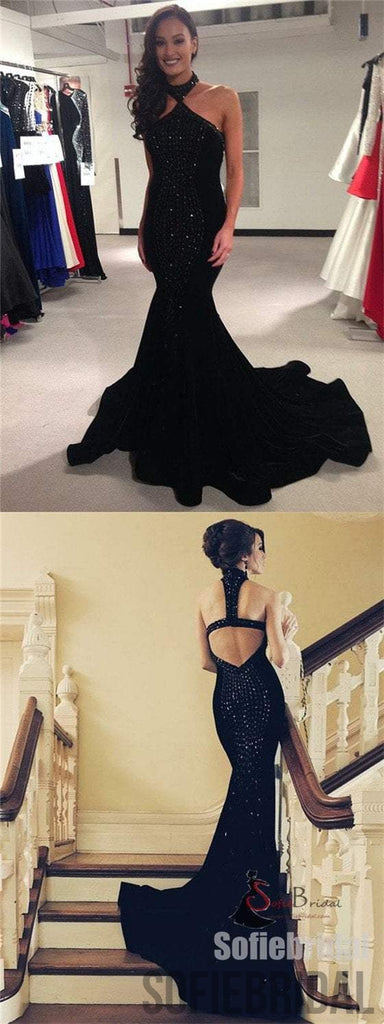 Halter Black Prom Dresses, Rhinestone Mermaid Prom Dresses, Cheap Prom Dresses, PD0654