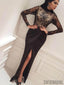 Sexy Front Slit Long Sleeves Black Lace Prom Dresses, PD0810